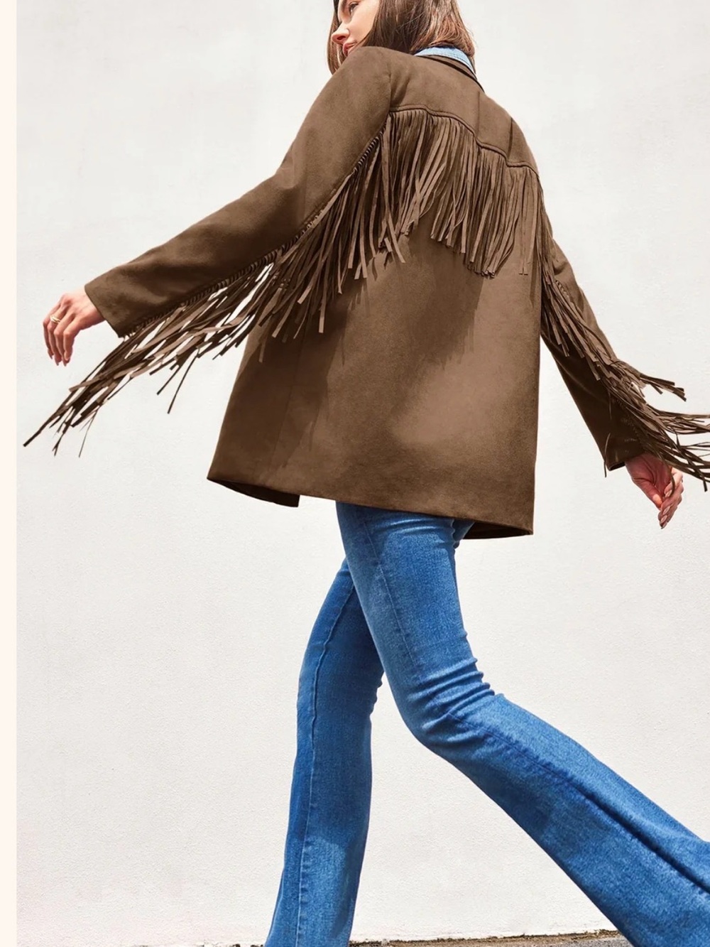 Women's Brown Fringe Suede-Look Blazer Jacket